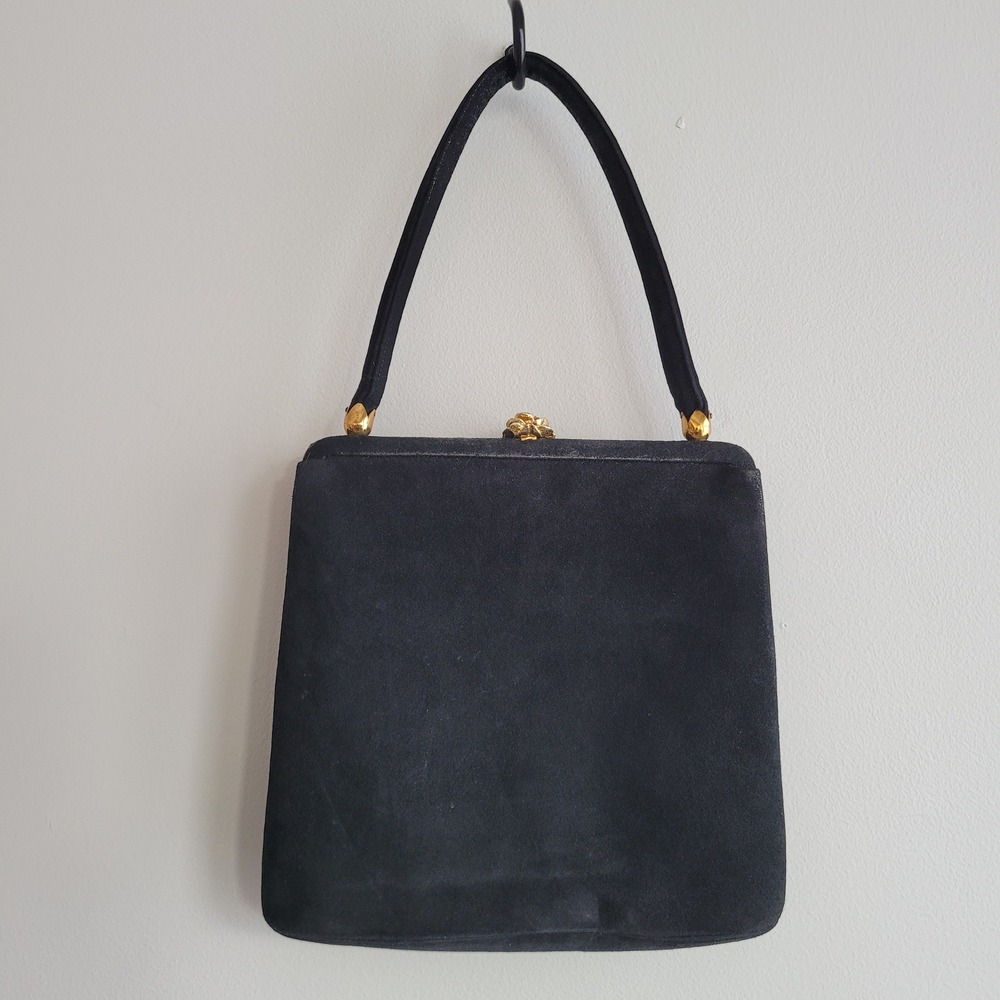 Vintage 60s Coblentz‎ perma suede black satchel handbag purse gold rose detail